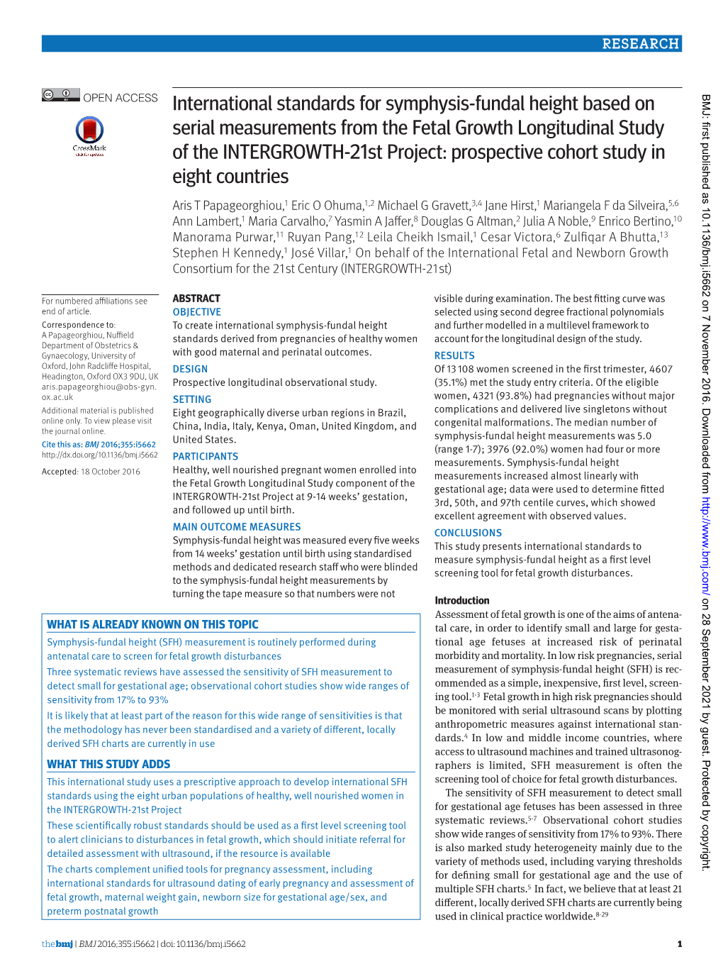 International Standards for Symphysis-Fundal Height Based on BMJ: First Published As 10.1136/Bmj.I5662 on 7 November 2016