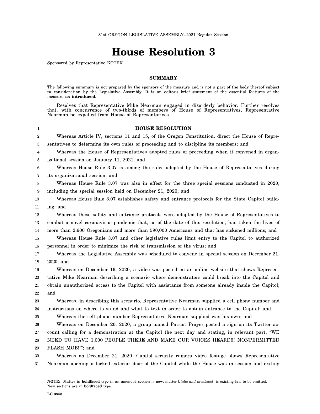 House Resolution 3 Sponsored by Representative KOTEK