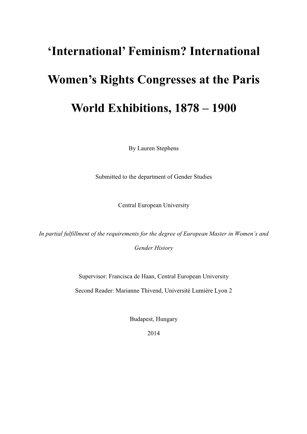 Feminism? International Women's Rights Congresses at the Paris