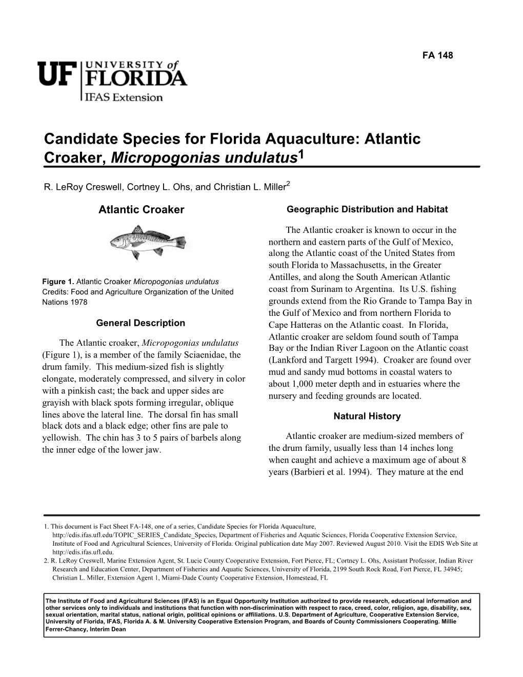 Candidate Species for Florida Aquaculture: Atlantic Croaker, Micropogonias Undulatus1