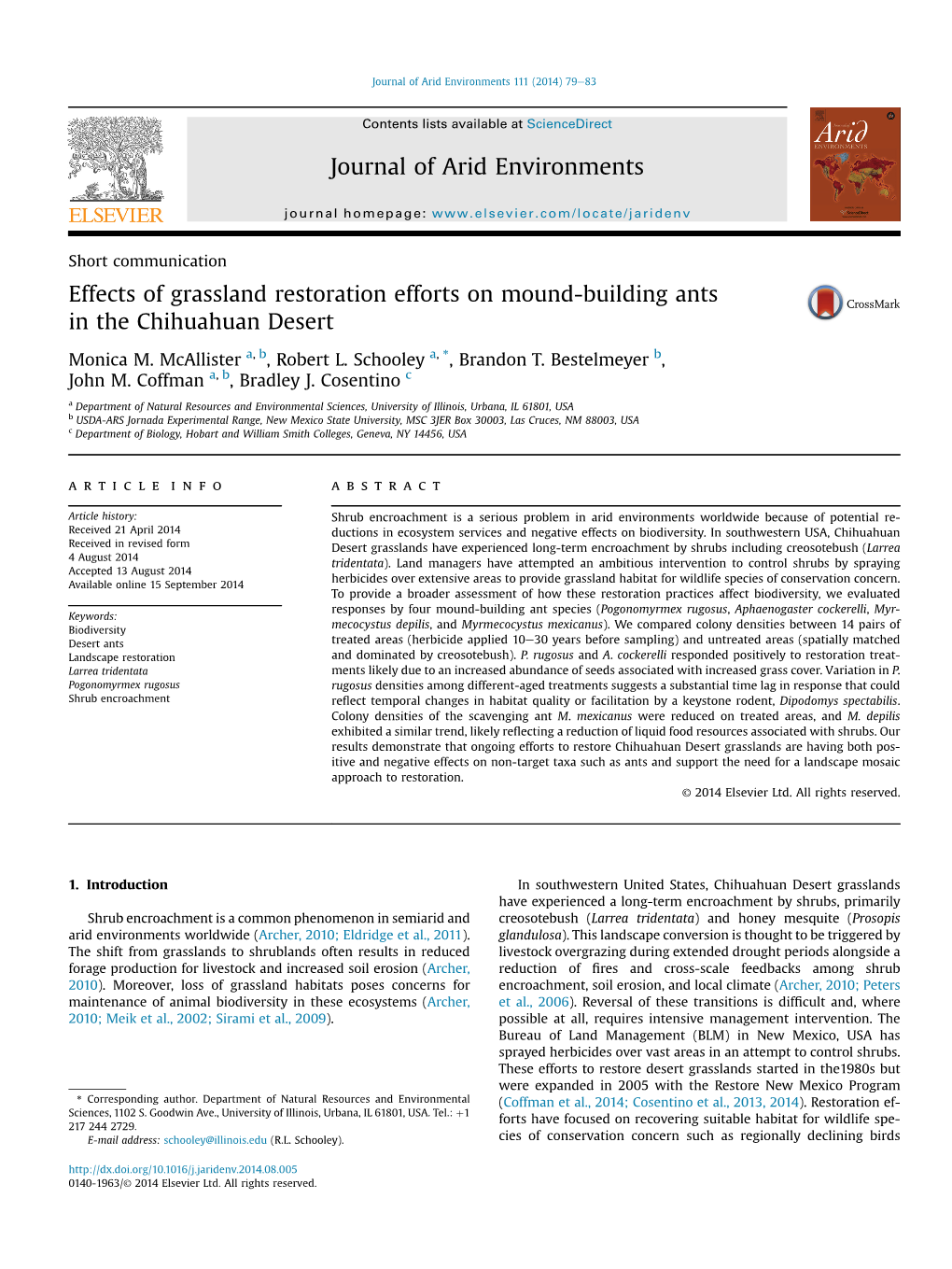 Effects of Grassland Restoration Efforts on Mound-Building Ants in the Chihuahuan Desert