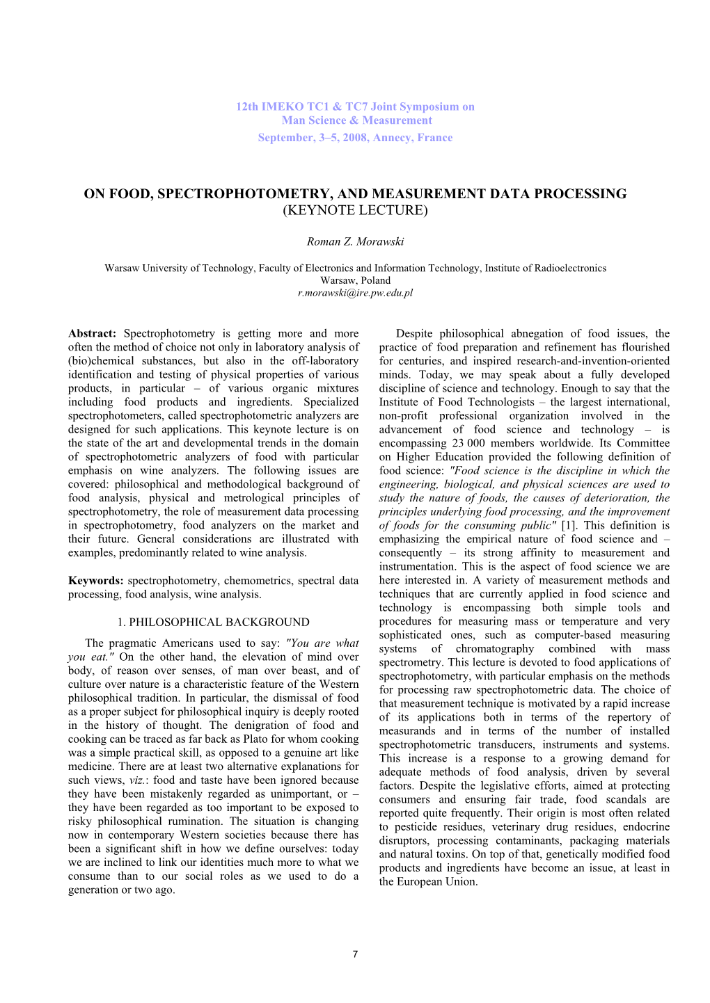 On Food, Spectrophotometry, and Measurement Data Processing (Keynote Lecture)