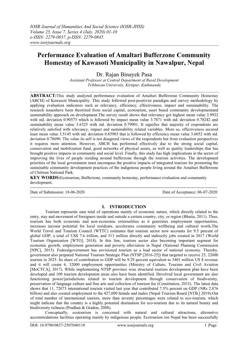 Performance Evaluation of Amaltari Bufferzone Community Homestay of Kawasoti Municipality in Nawalpur, Nepal