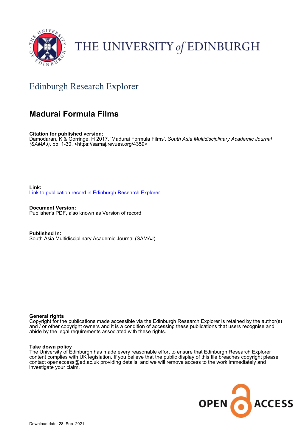 South Asia Multidisciplinary Academic Journal , Free-Standing Articles Madurai Formula Films: Caste Pride and Politics in Tamil Cinema 2