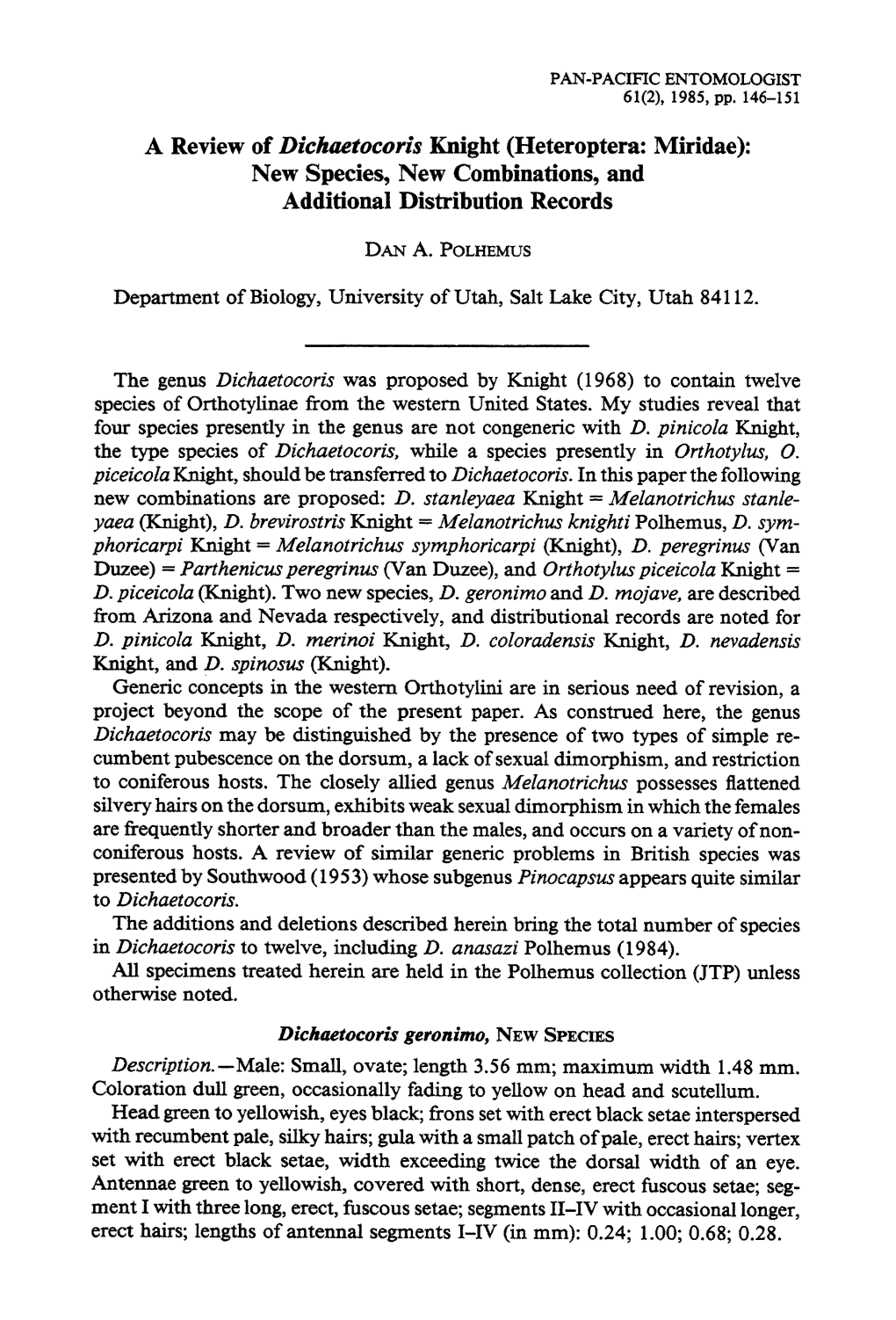 Heteroptera: Miridae): New Species, New Combinations, and Additional Distribution Records DAN A