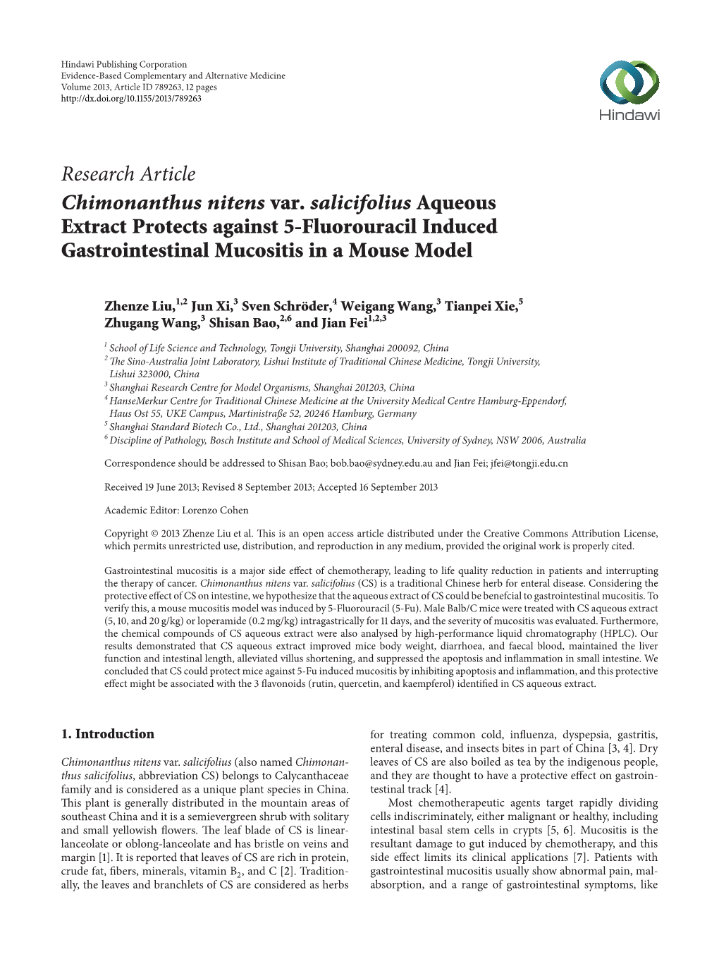 Research Article Chimonanthus Nitens Var. Salicifolius Aqueous Extract Protects Against 5-Fluorouracil Induced Gastrointestinal Mucositis in a Mouse Model