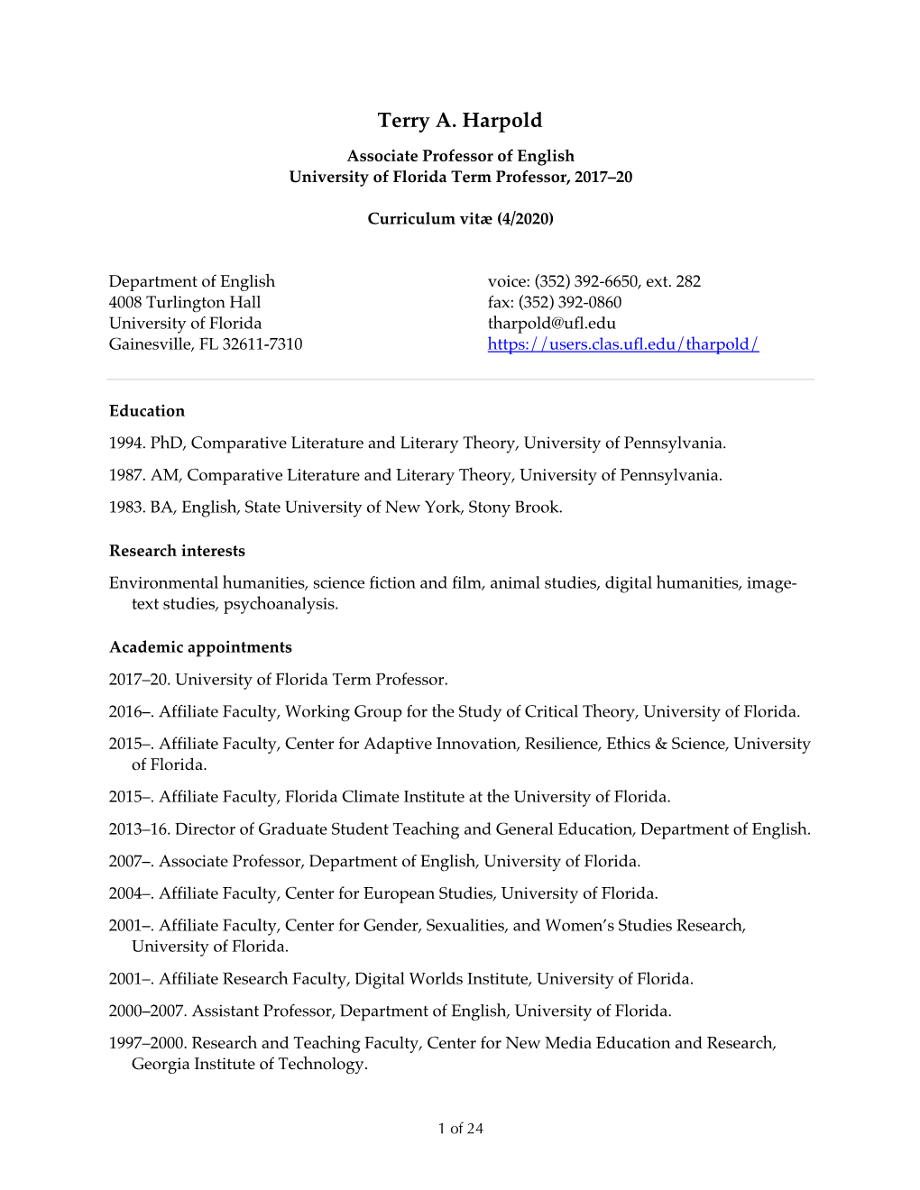 Professor Harpold's CV