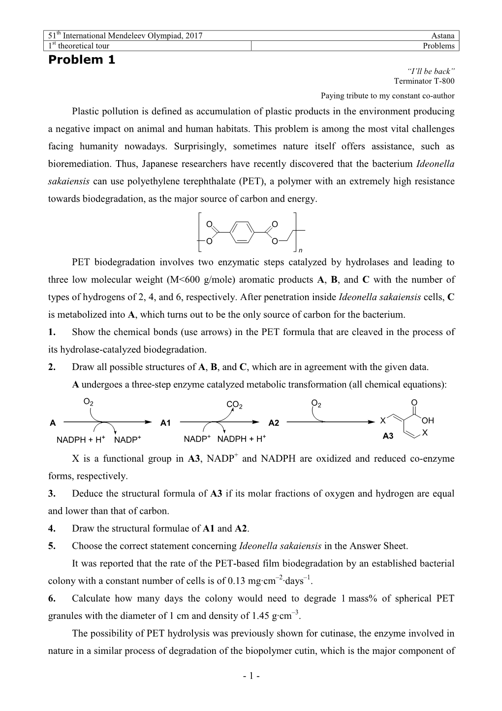 51Th International Mendeleev Olympiad, 2017 Astana 1St Theoretical Tour Problems