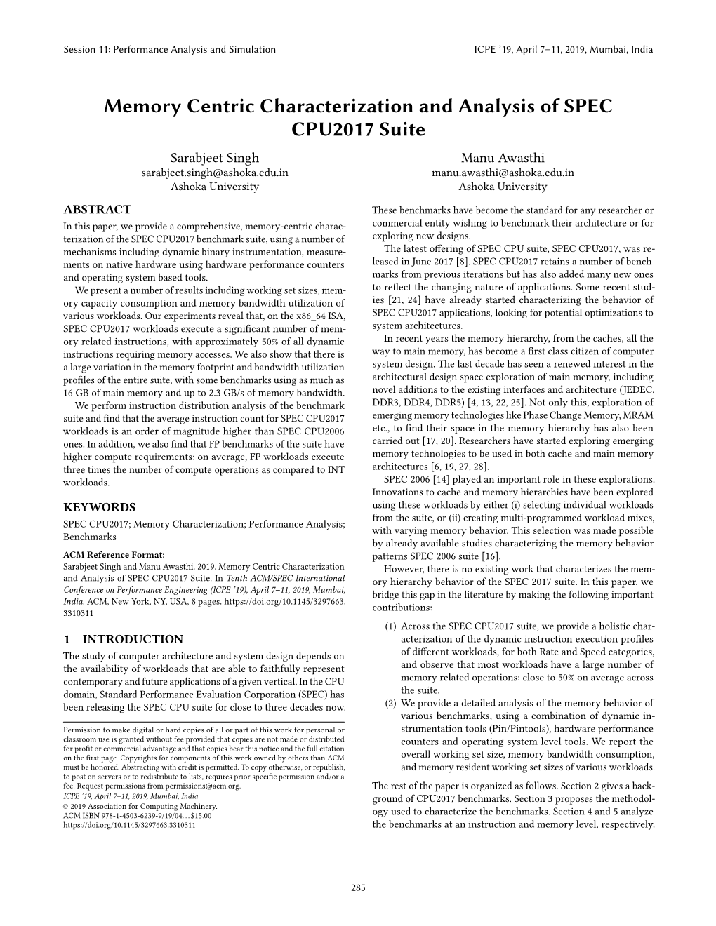 Memory Centric Characterization and Analysis of SPEC CPU2017 Suite