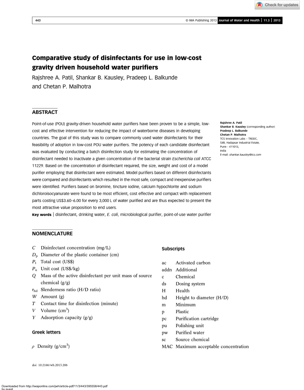 Comparative Study of Disinfectants for Use in Low-Cost Gravity Driven Household Water Puriﬁers Rajshree A