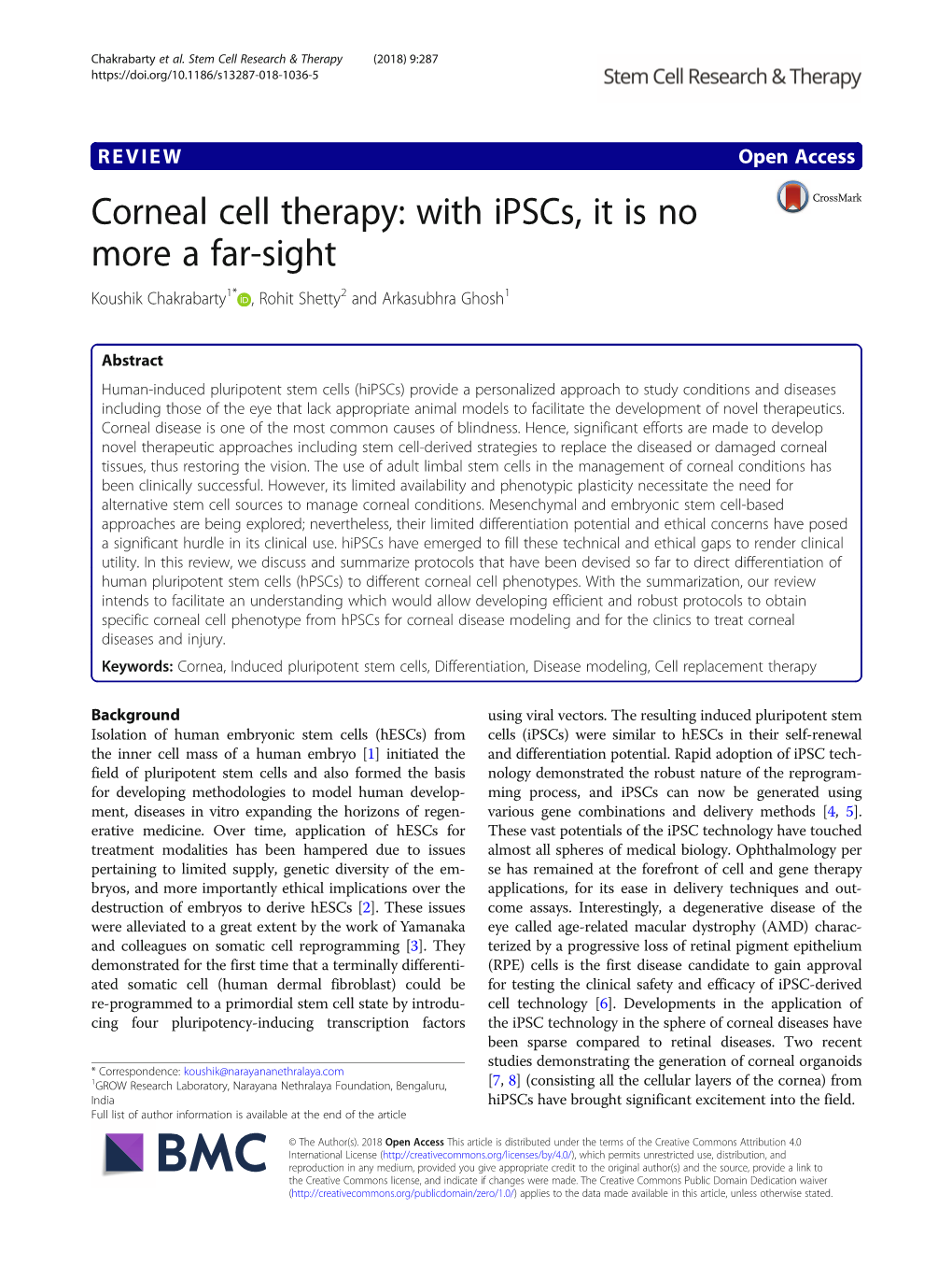 Corneal Cell Therapy: with Ipscs, It Is No More a Far-Sight Koushik Chakrabarty1* , Rohit Shetty2 and Arkasubhra Ghosh1