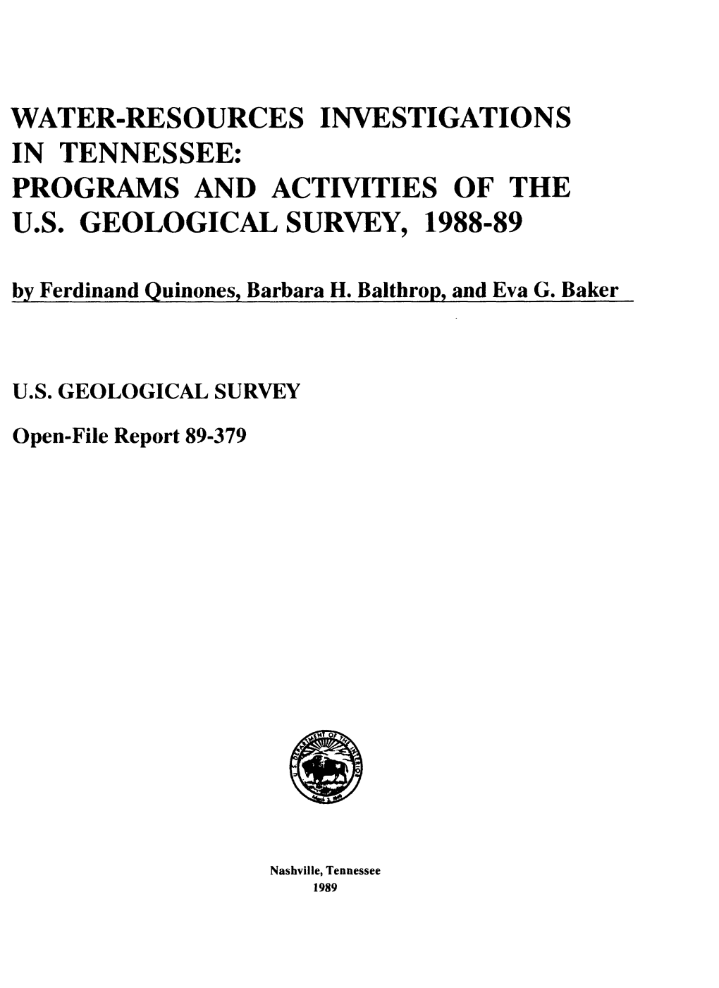 Water-Resources Investigations in Tennessee: Programs and Activities of the U.S
