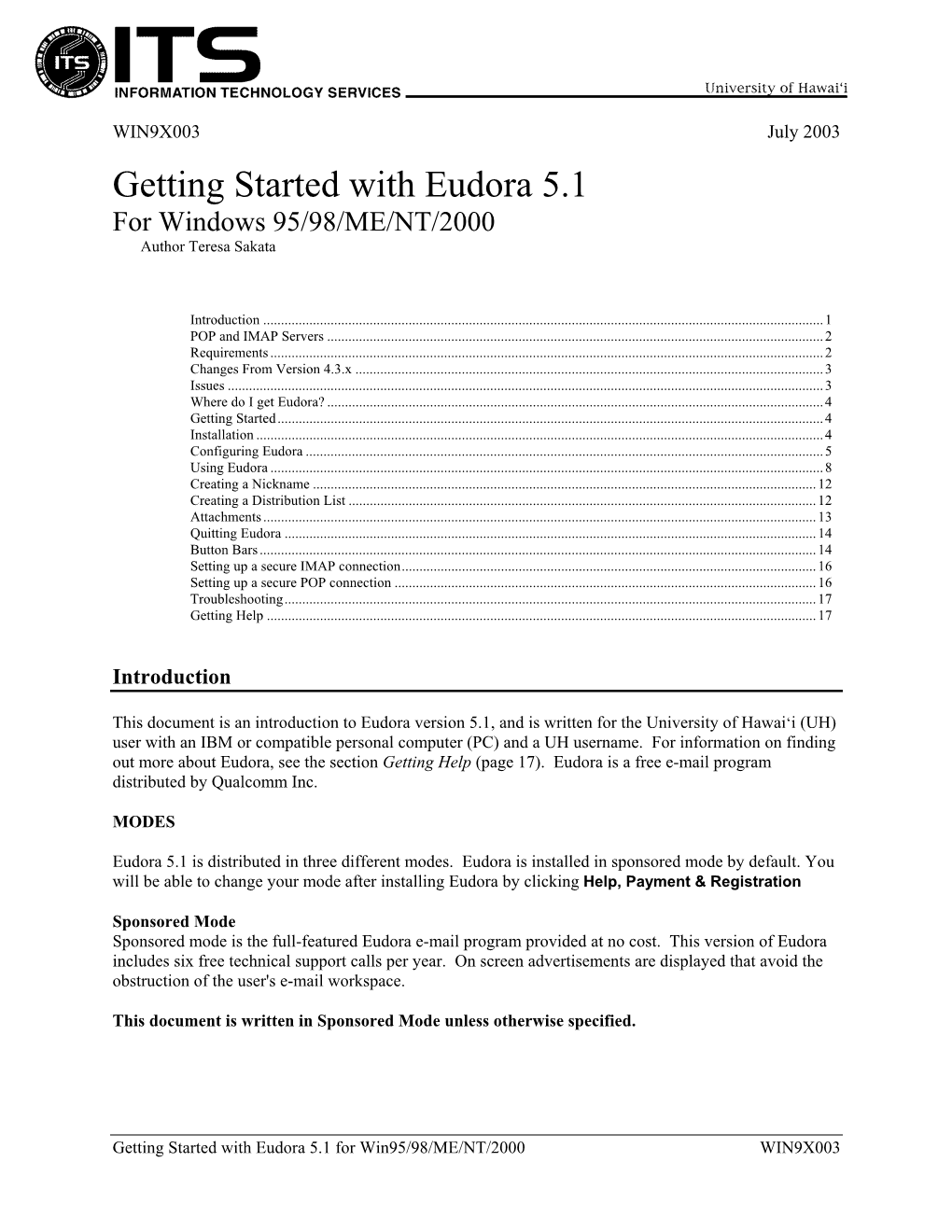 Getting Started with Eudora 5.1 for Windows 95/98/ME/NT/2000 Author Teresa Sakata