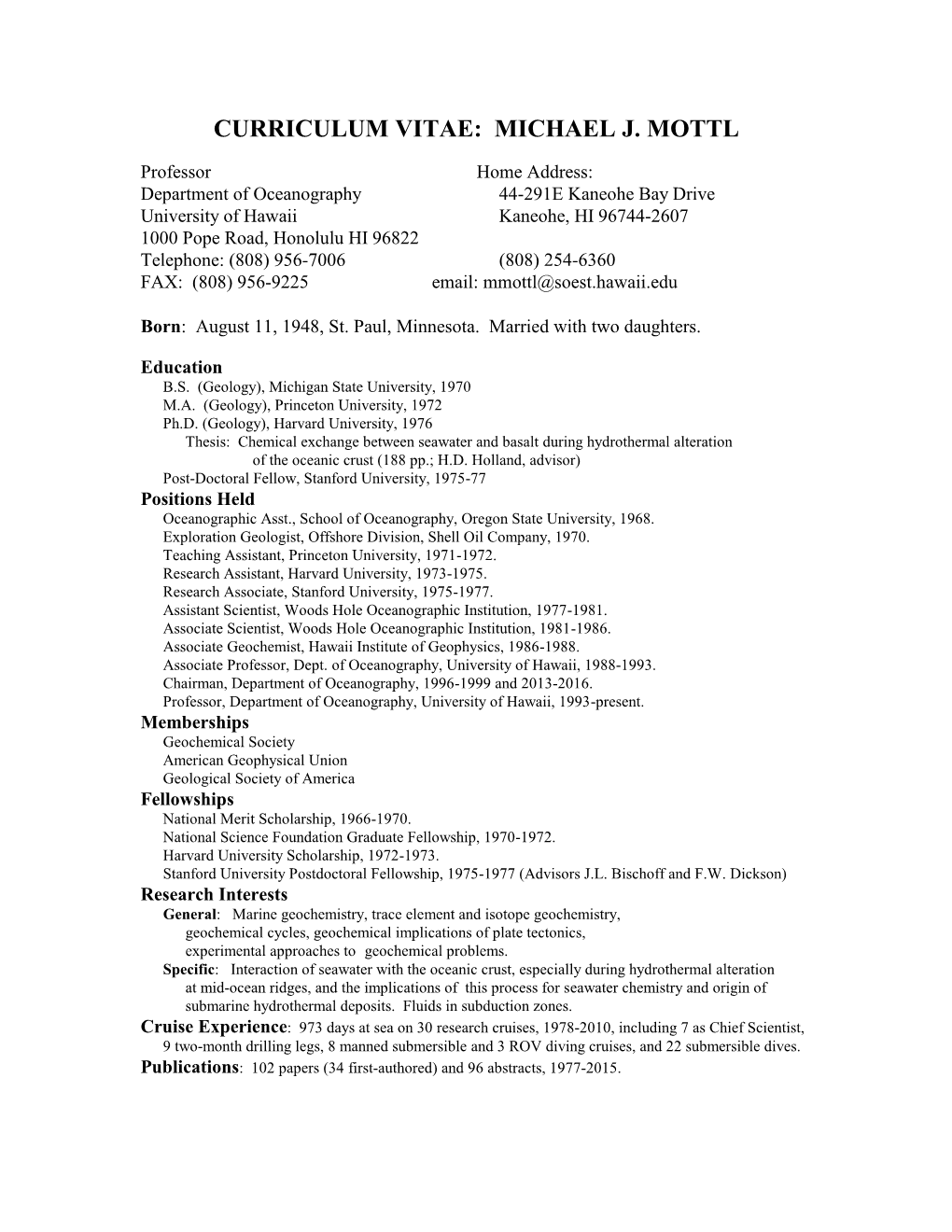 Curriculum Vitae: Michael J. Mottl