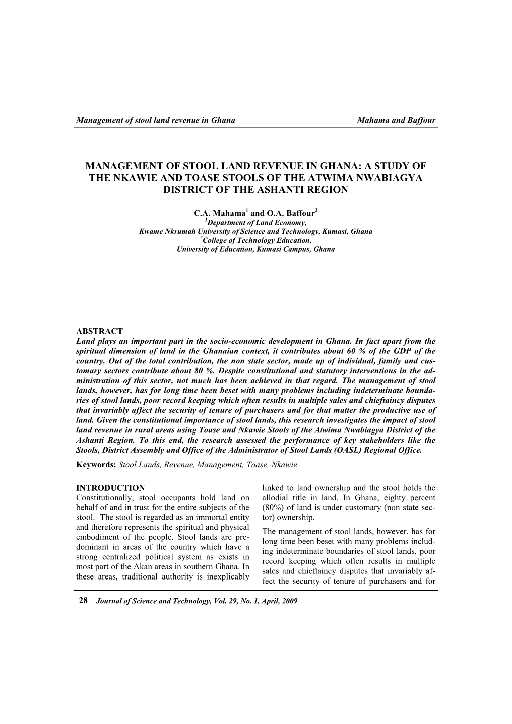 A Study of the Nkawie and Toase Stools of the Atwima Nwabiagya District of the Ashanti Region