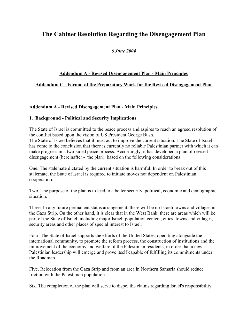 The Cabinet Resolution Regarding the Disengagement Plan