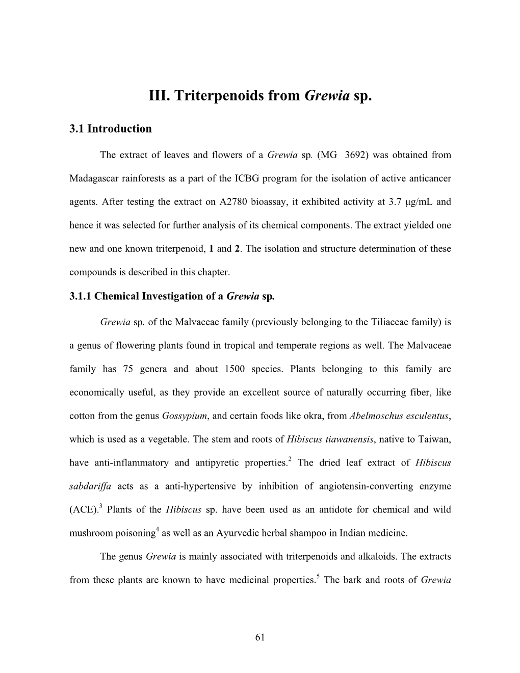 III. Triterpenoids from Grewia Sp