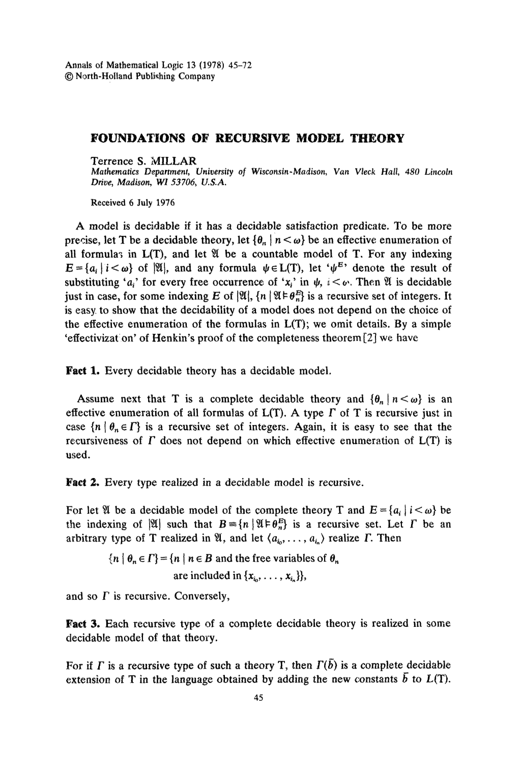 FOUNDATIONS of RECURSIVE MODEL THEORY Mathematics Department, University of Wisconsin-Madison, Van Vleck Hall, 480 Lincoln Drive