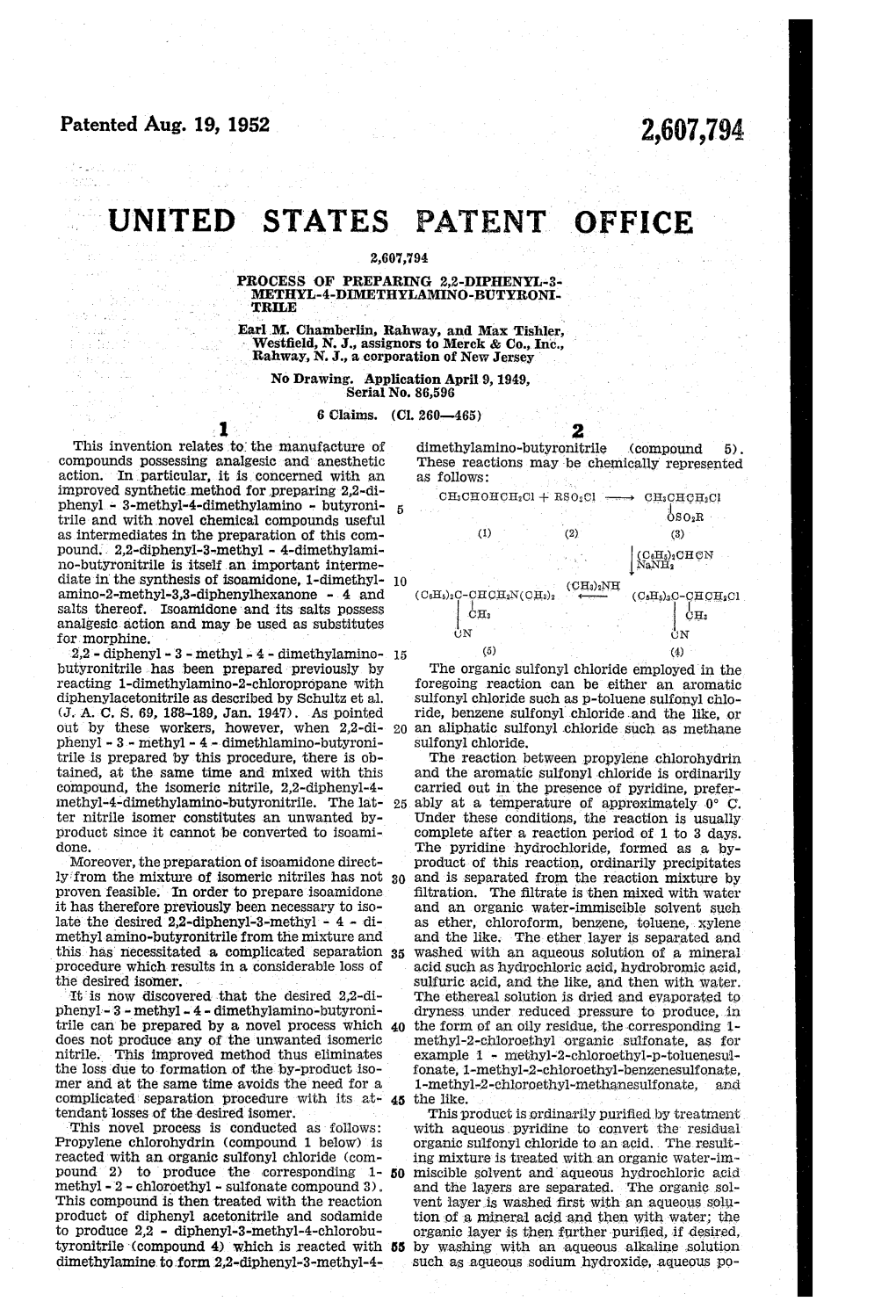 UNITED STATES PATENT OFFICE PROCESS of PREPARING 2,2-DIPHENYL-3- TRILEMETHYL-4-Dimethylamino-BUTYRONI Earl M