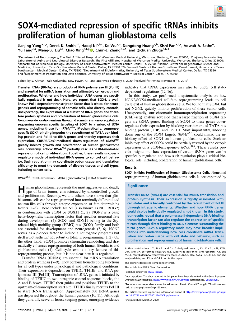 SOX4-Mediated Repression of Specific Trnas Inhibits Proliferation of Human Glioblastoma Cells