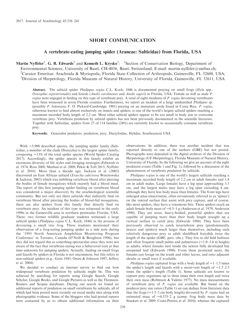 SHORT COMMUNICATION a Vertebrate-Eating Jumping Spider