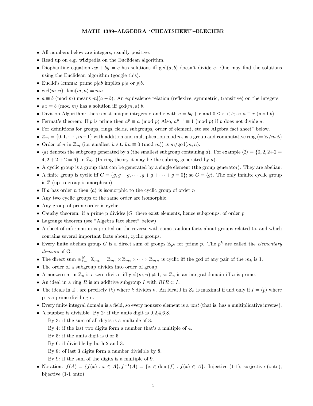 BLECHER • All Numbers Below Are Integers, Usually Positive. • Read Up