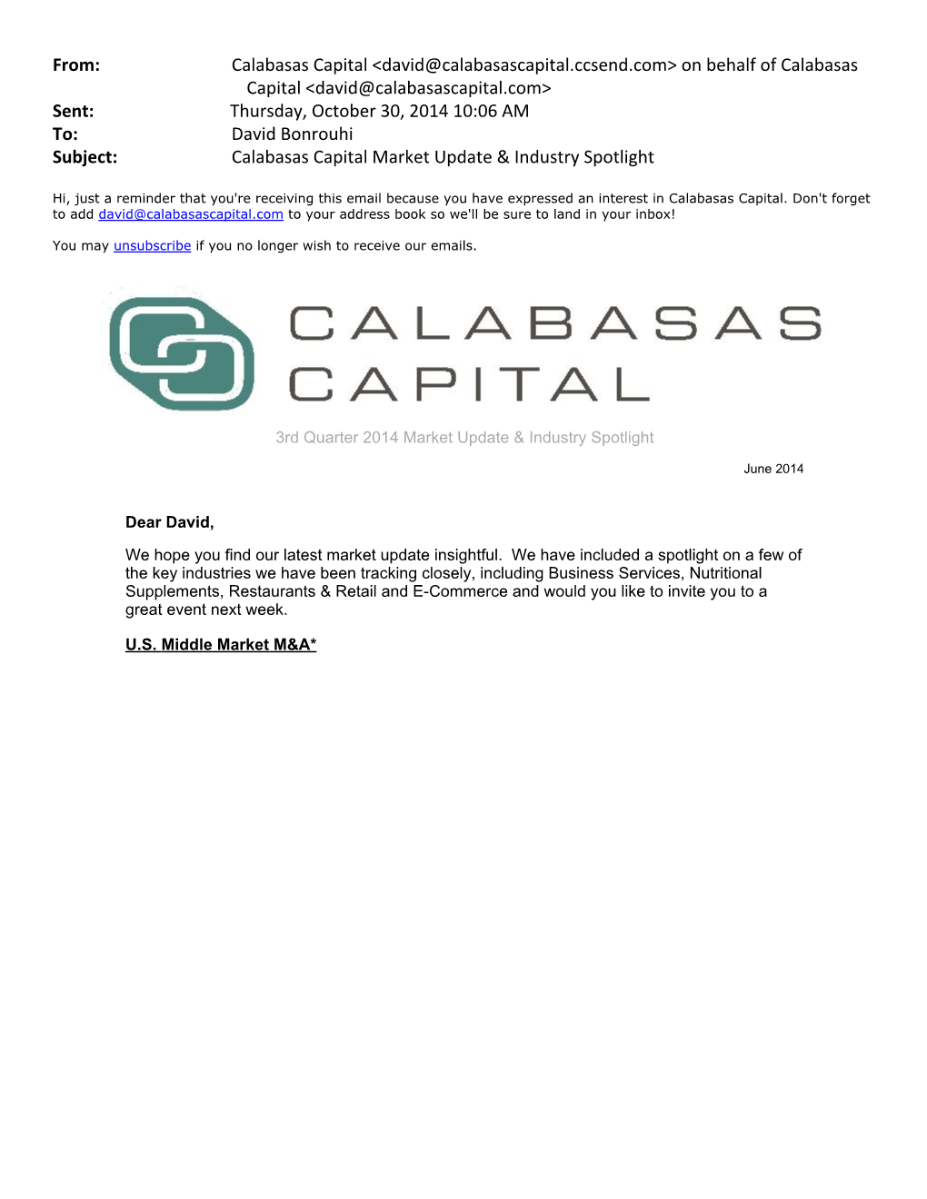2014 10 October__Calabasas Capital Market Update & Industry