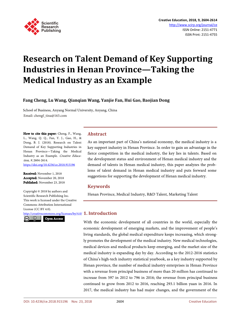 Research on Talent Demand of Key Supporting Industries in Henan Province—Taking the Medical Industry As an Example
