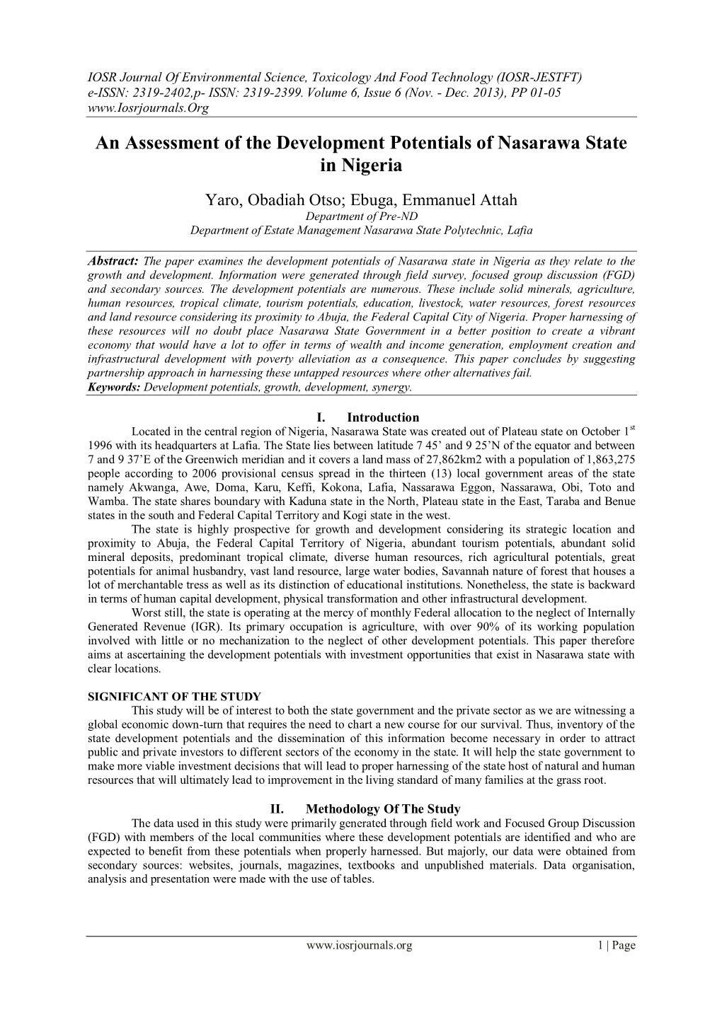 An Assessment of the Development Potentials of Nasarawa State in Nigeria