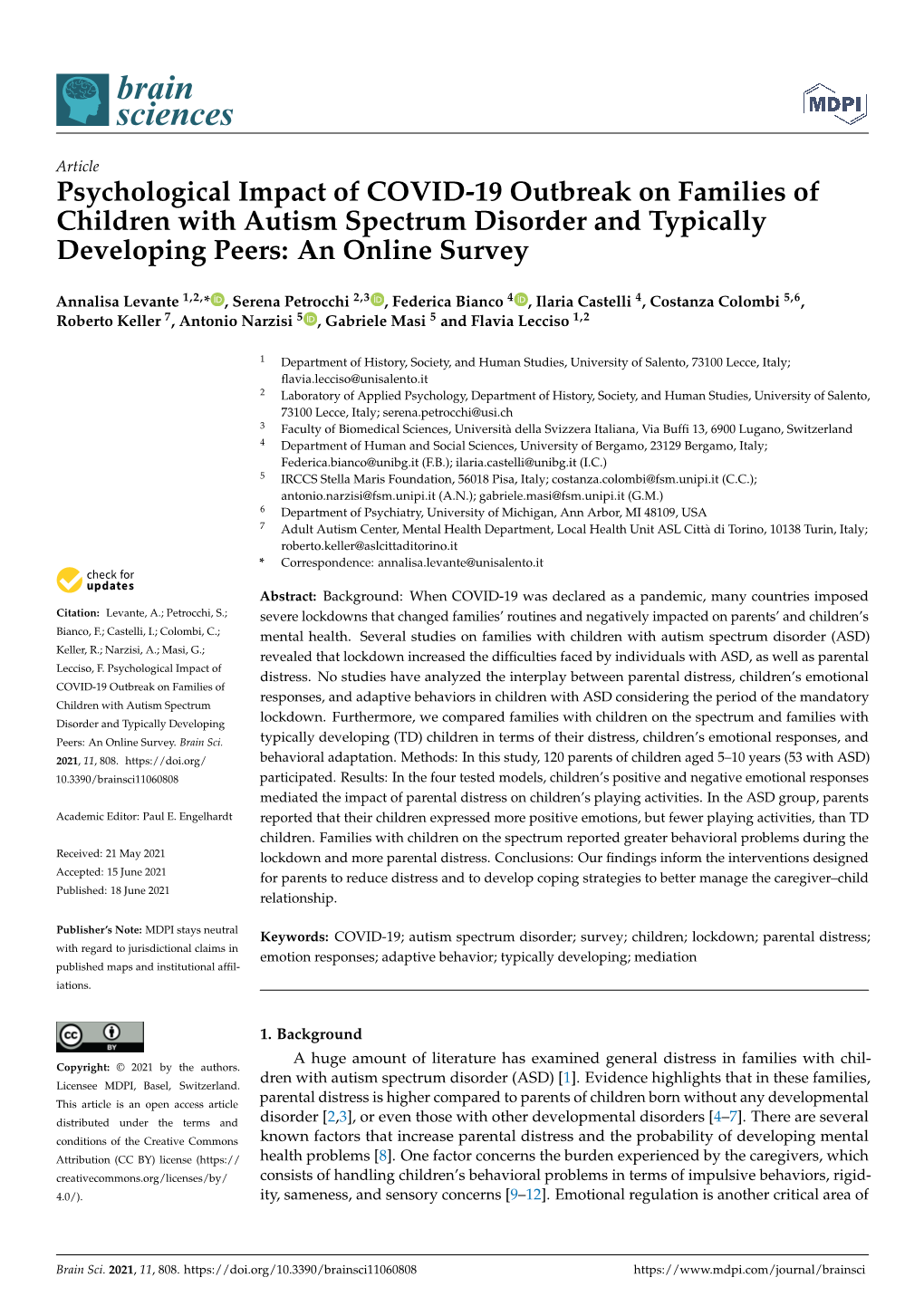 Psychological Impact of COVID-19 Outbreak on Families of Children with Autism Spectrum Disorder and Typically Developing Peers: an Online Survey