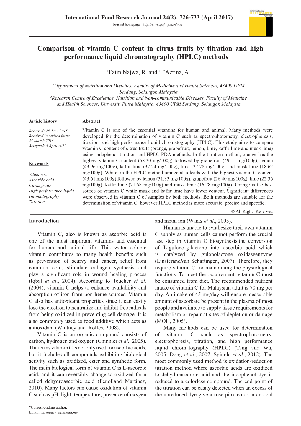 Comparison of Vitamin C Content in Citrus Fruits by Titration and High Performance Liquid Chromatography (HPLC) Methods