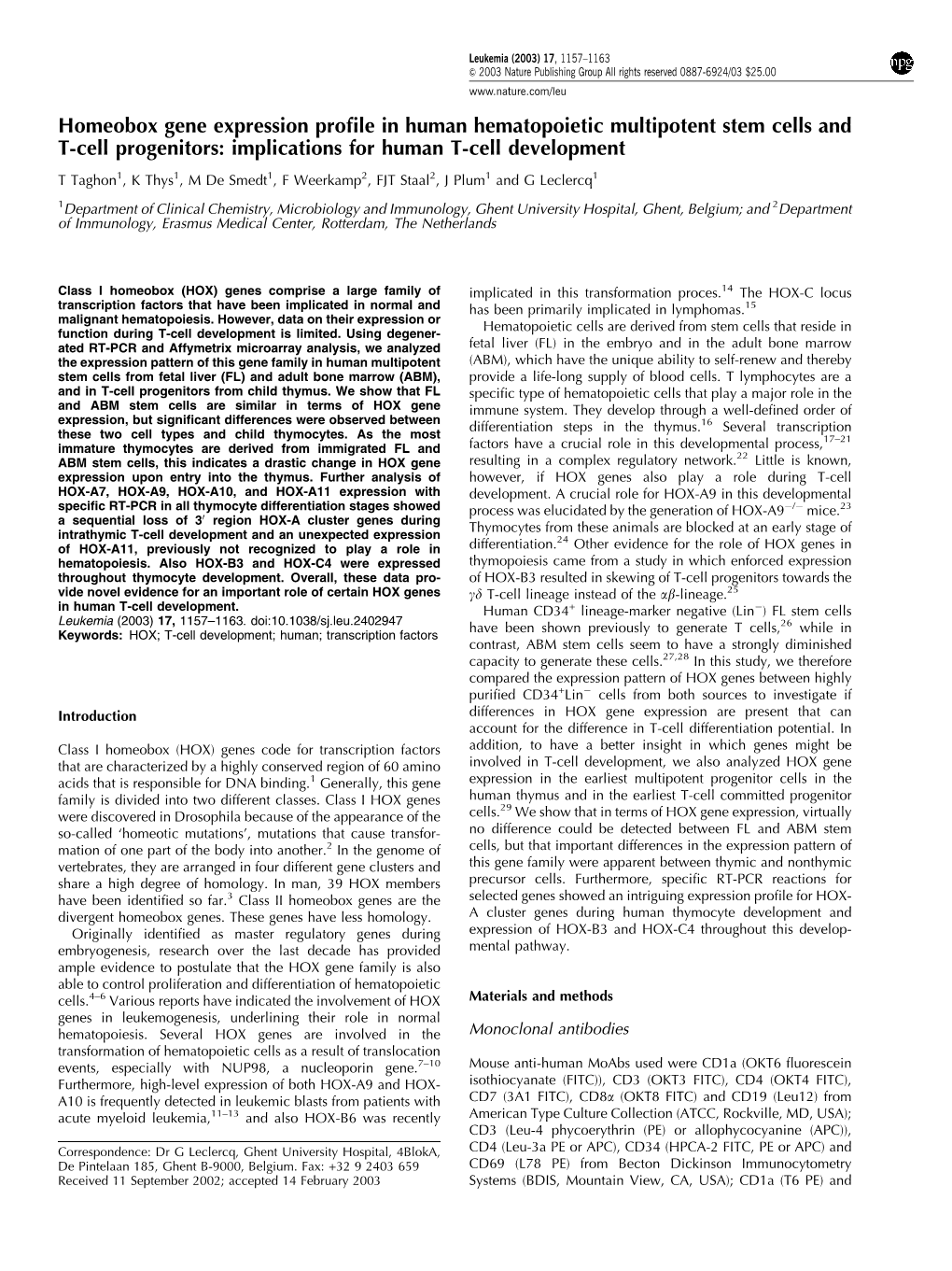 Homeobox Gene Expression Profile in Human Hematopoietic Multipotent