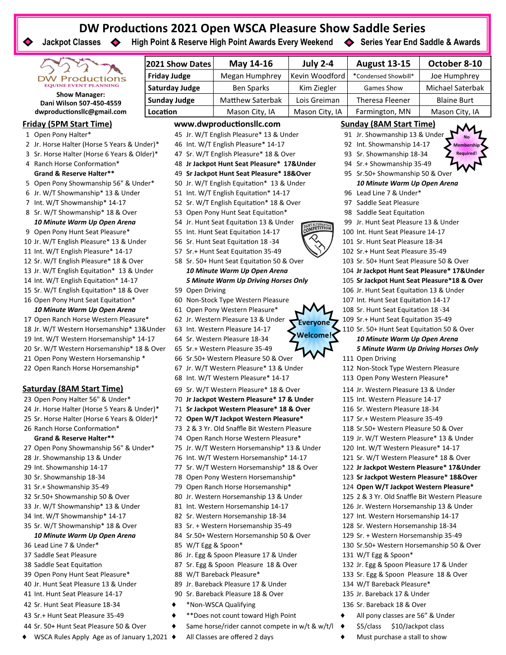 DW Productions 2021 Open WSCA Pleasure Show Saddle Series Jackpot Classes High Point & Reserve High Point Awards Every Weekend Series Year End Saddle & Awards