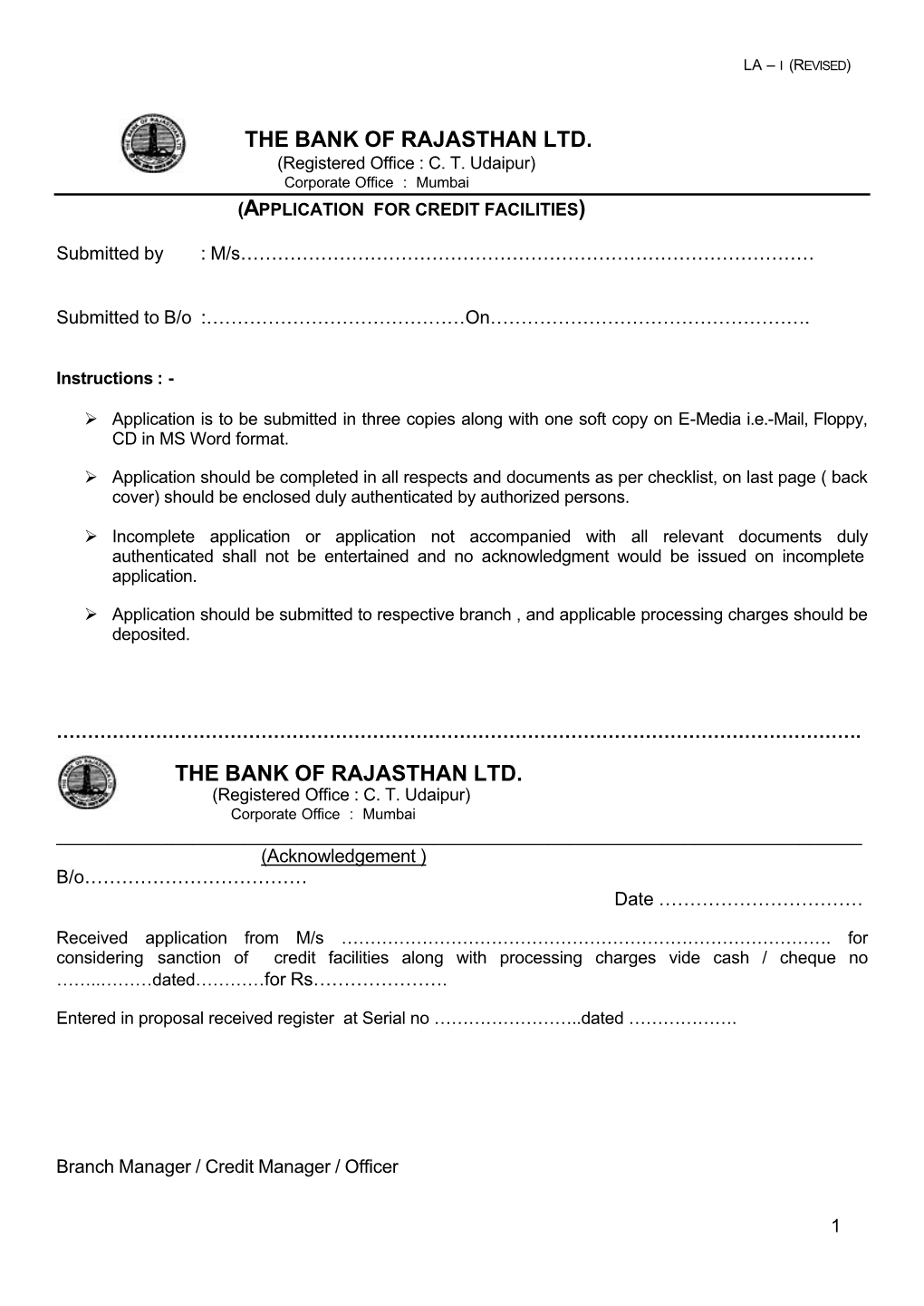 Credit Facility (LA-I Revised) Form