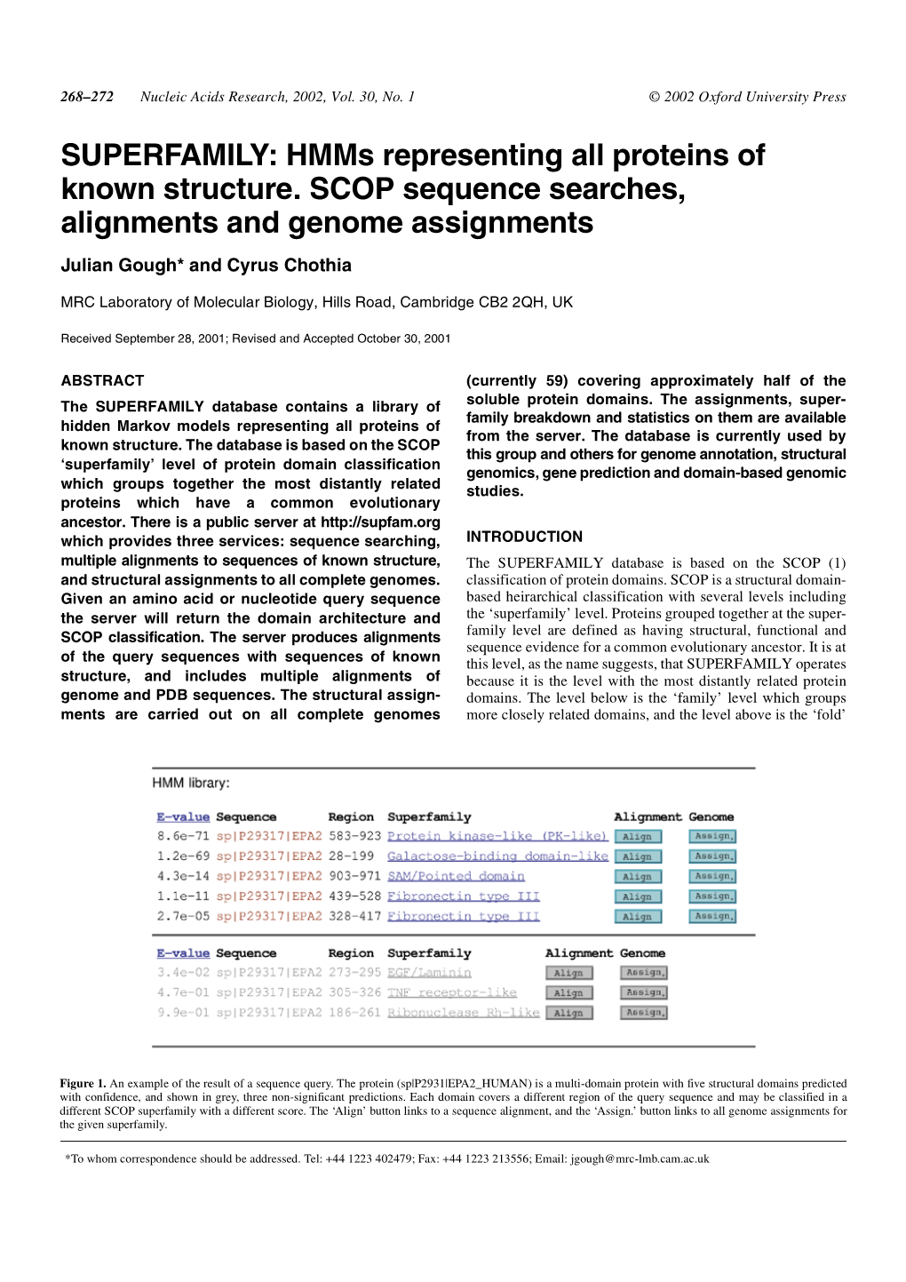 Hmms Representing All Proteins of Known Structure. SCOP Sequence Searches, Alignments and Genome Assignments Julian Gough* and Cyrus Chothia