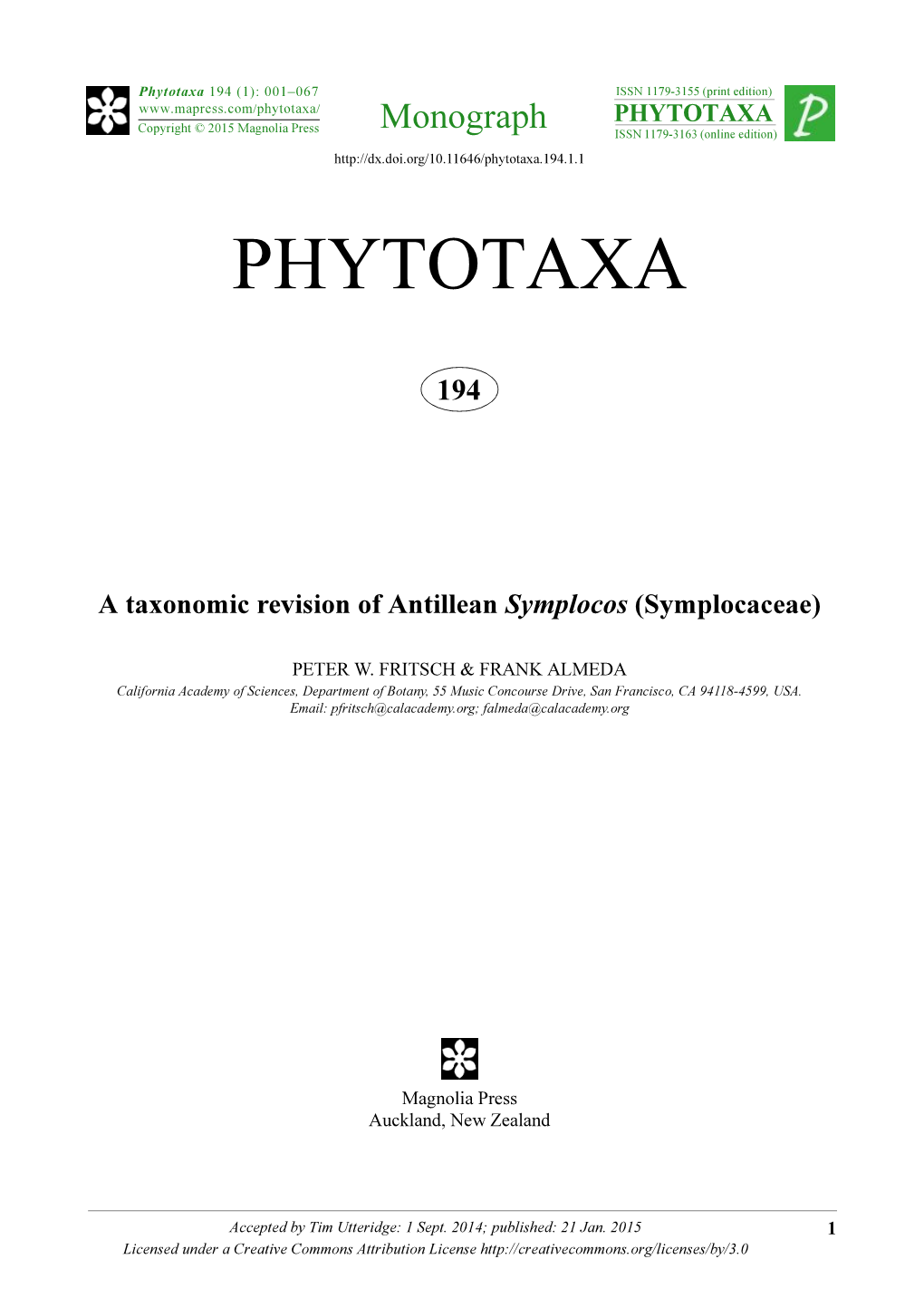 A Taxonomic Revision of Antillean Symplocos (Symplocaceae)