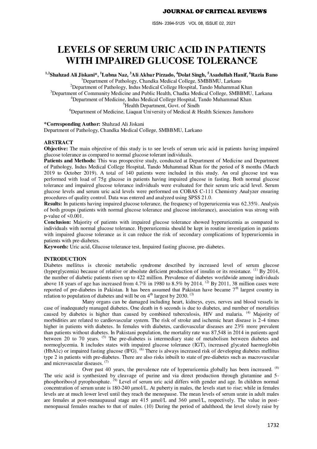 Levels of Serum Uric Acid in Patients with Impaired Glucose Tolerance