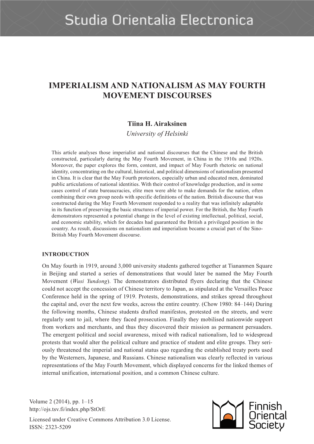 Imperialism and Nationalism As May Fourth Movement Discourses