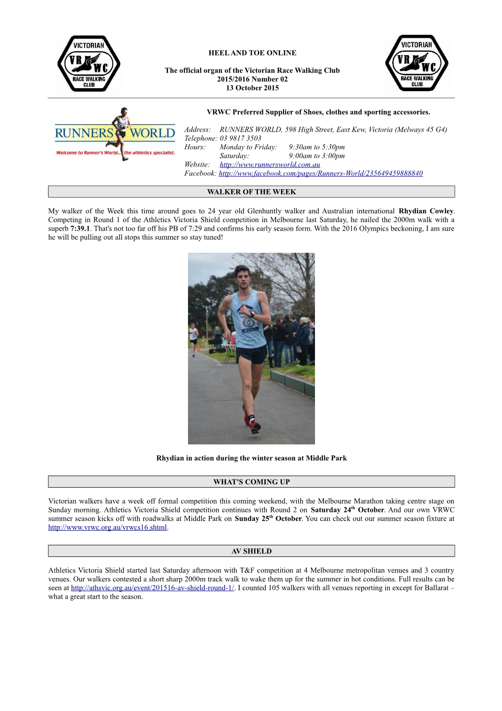 HEEL and TOE ONLINE the Official Organ of the Victorian Race Walking