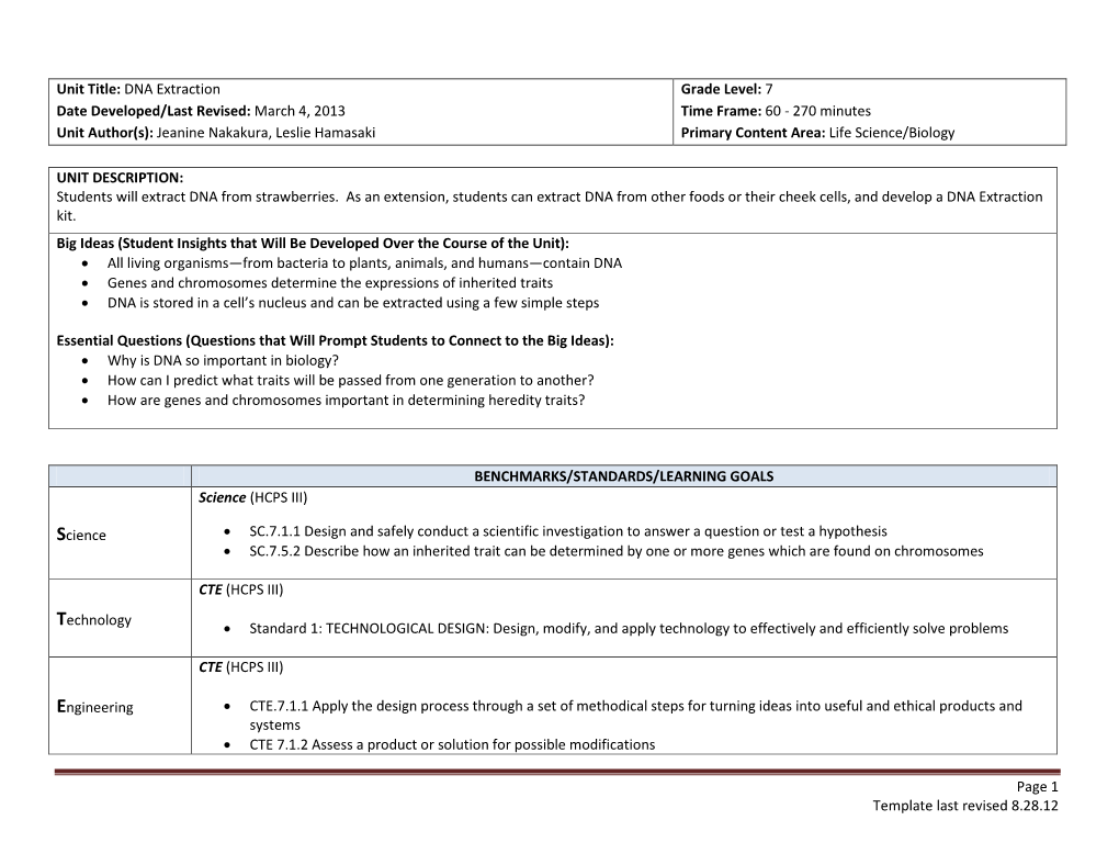 Page 1 Template Last Revised 8.28.12 Unit Title: DNA Extraction Date Developed/Last Revised: March 4, 2013 Unit Author(S): Jeani