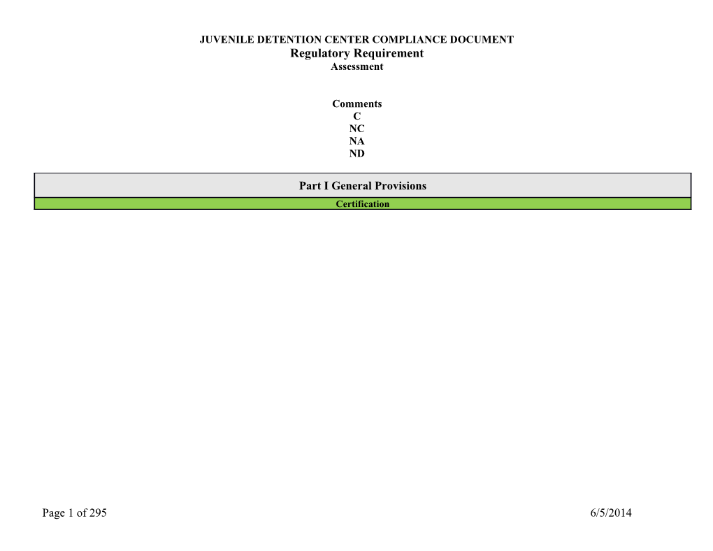 JUVENILE DETENTION CENTER COMPLIANCE DOCUMENT Regulatory Requirement