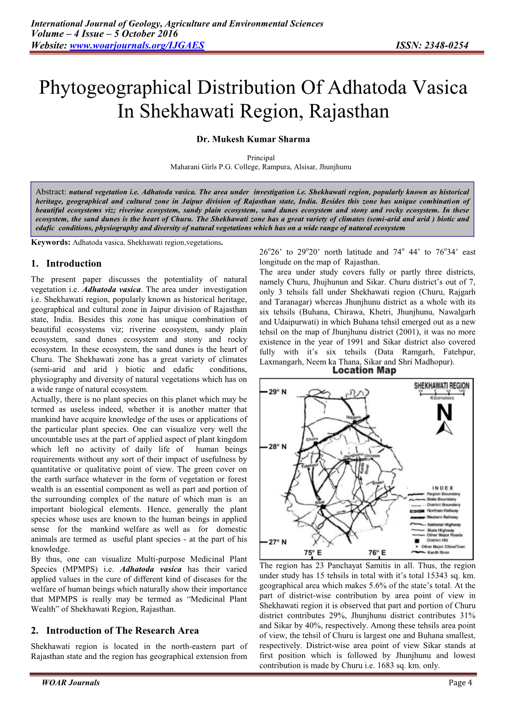 International Journal of Geology, Agriculture and Environmental Sciences Volume – 4 Issue – 5 October 2016 Website: ISSN: 2348-0254