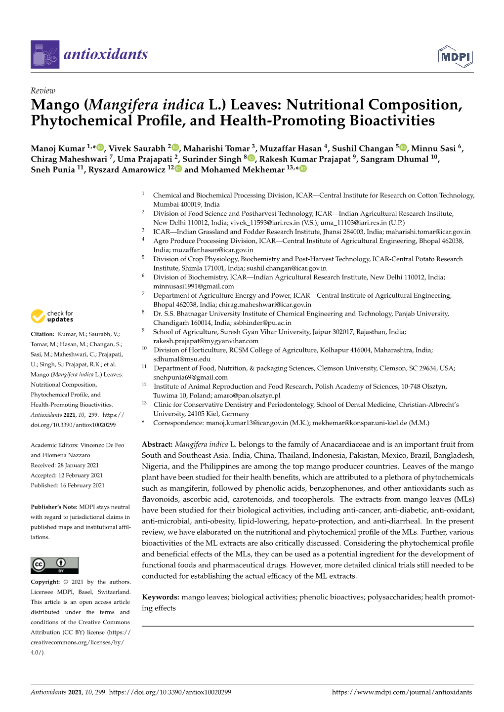 Mango (Mangifera Indica L.) Leaves: Nutritional Composition, Phytochemical Proﬁle, and Health-Promoting Bioactivities