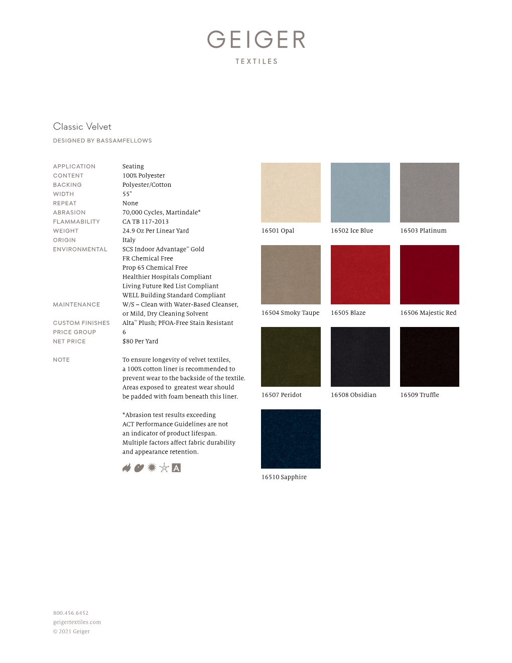 Classic Velvet Spec Sheet