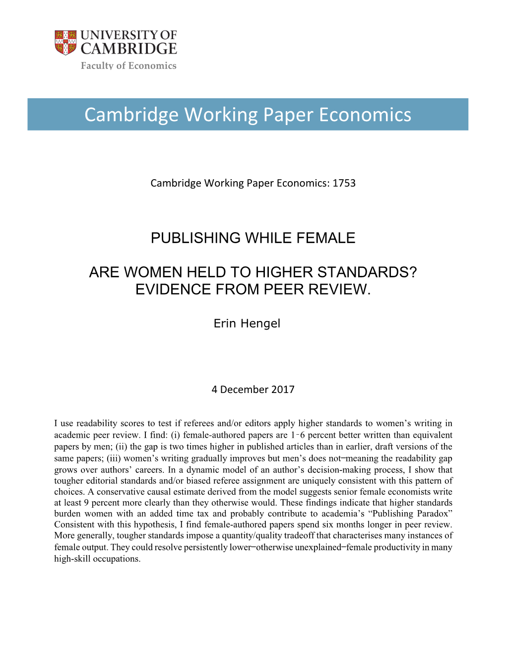 Cambridge Working Paper Economics