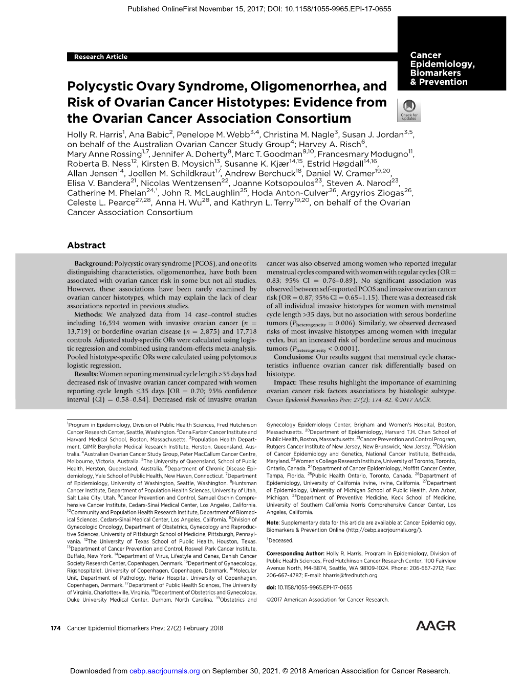 Polycystic Ovary Syndrome, Oligomenorrhea, and Risk of Ovarian Cancer Histotypes: Evidence from the Ovarian Cancer Association Consortium