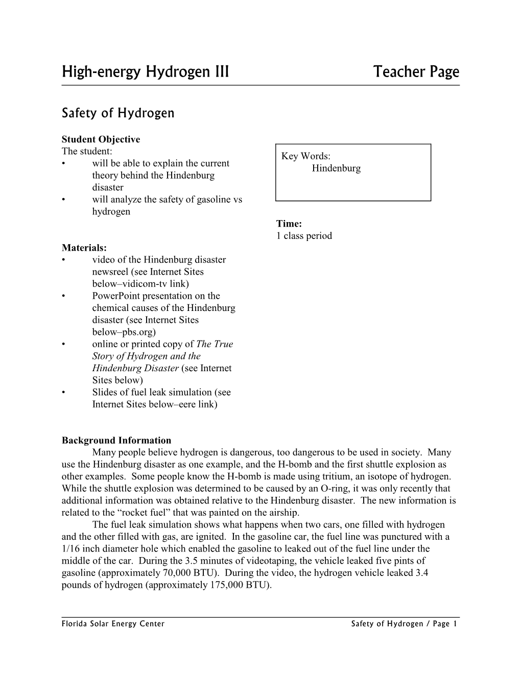 High-Energy Hydrogen III Teacher Page