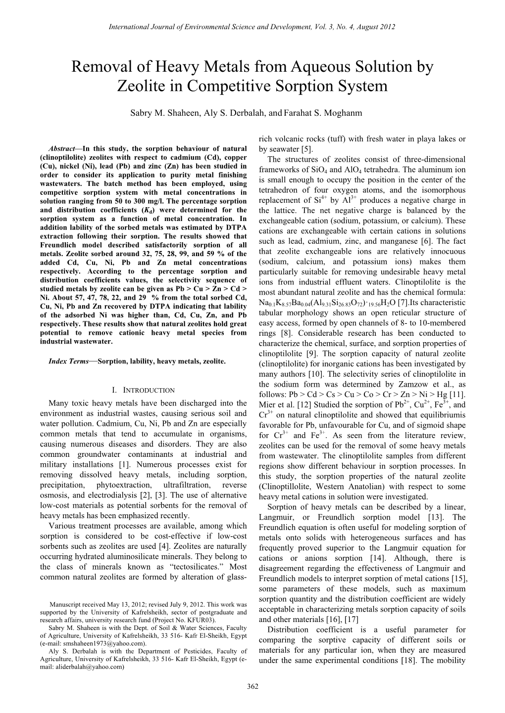 Removal of Heavy Metals from Aqueous Solution by Zeolite in Competitive Sorption System