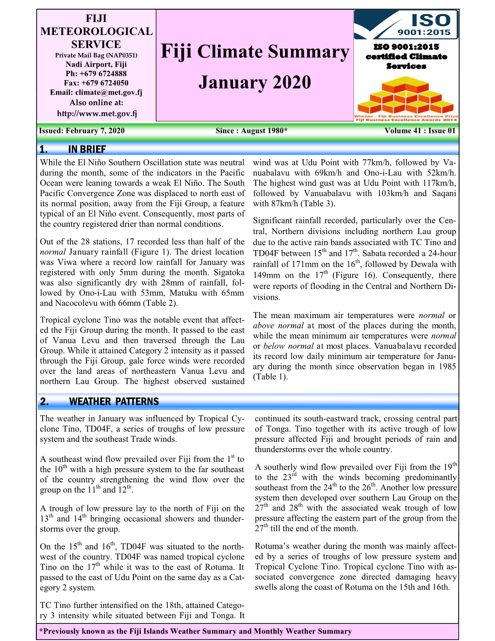 Fiji Climate Summary January 2020