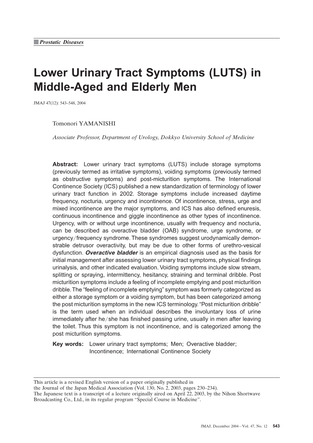 Lower Urinary Tract Symptoms (LUTS) in Middle-Aged and Elderly Men